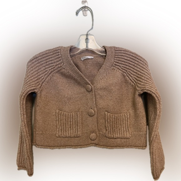 Max Studio Kids 5-6 Button-Front Knit Cardigan & Skirt in Camel-Tan Gold Trim - Picture 7 of 10